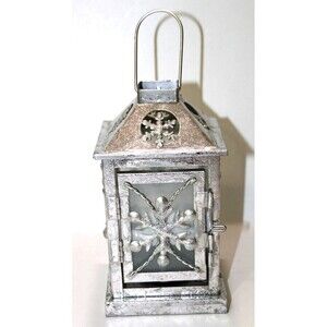 Silver Glitter Snowflake Christmas Glass Metal Tea Candle Lantern Decor 9.5"